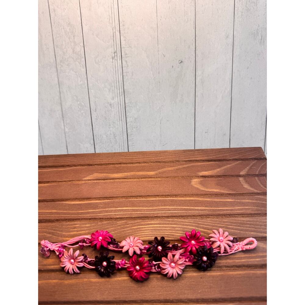 Handmade Genuine Leather  Pink Purple Flower Bracelet w Stones Pink Bracelet NEW